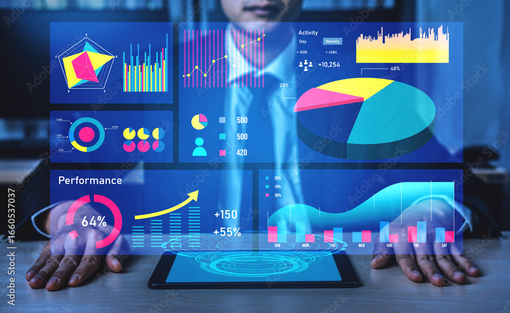 Poster business professional analyzing data visualizations and digital charts on interactive screen in mode