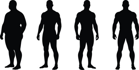 Male body silhouette evolution, fitness transformation vector, man outline stages from overweight to muscular, health progress, weight loss graphic design