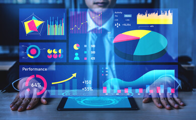 Business Professional Analyzing Data Visualizations and Digital Charts on Interactive Screen in Modern Office Environment Impute.