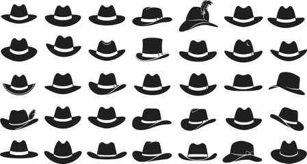Cowboy and fedora hat silhouette collection, western headwear vector set, vintage fashion accessories, classic hat icons, black clipart design