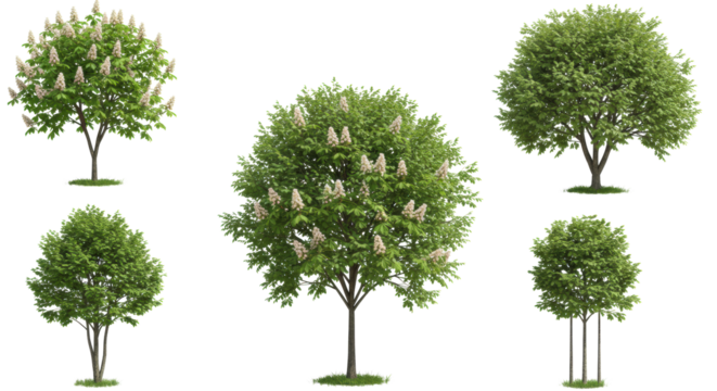 Six young deciduous trees, two blooming white horse chestnuts and four green-leaved with support stakes, against a seamless transparent background. Concept for botanical design assets