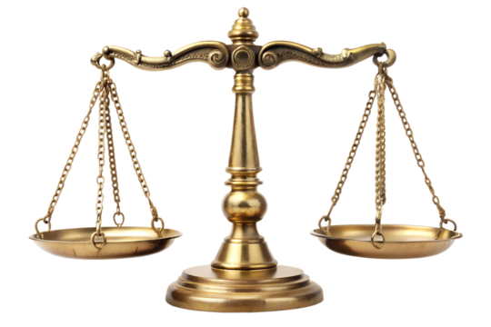 Golden balance scales of justice, symbol of law and equality isolated on transparent background, representing fairness and legal judgment