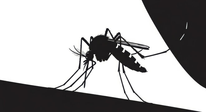 Silhouette depiction of a mosquito in a striking black and white illustrative style