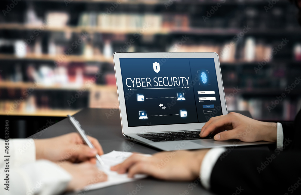 Poster cyber security system on computer screen protect private information brisk from hacker and cyber att