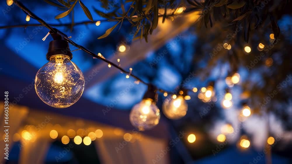 Poster sharp detail of decorative string lights hanging from branches above a stylish lounge area with a so