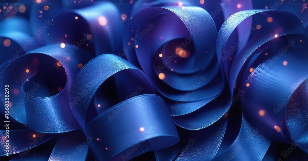 Poster blue ribbons swirl, creating dynamic texture. sparkles add festive touch, enhancing visual depth. el