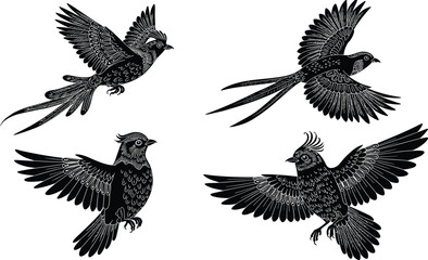 Bird illustration set, black and white flying birds, vintage tattoo style bird drawings, decorative nature art for patterns, prints, and designs
