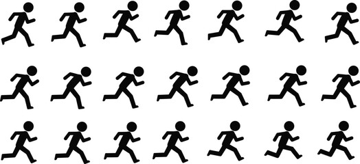 Running stick figure sprite sheet illustration, silhouette animation sequence of person jogging, fitness workout, sport exercise, motion graphic design