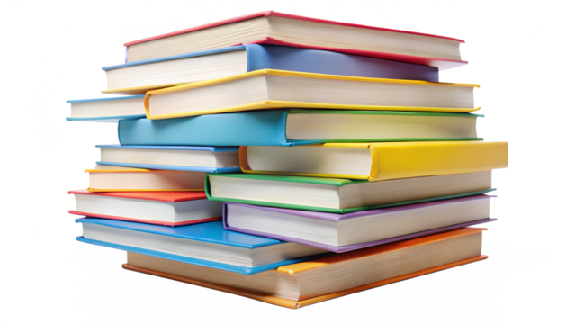 A stack of colorful books isolated on transparent background, symbolizing education, knowledge, and the importance of reading and learning