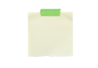 Light beige, irregularly torn paper note with delicate texture, secured by vibrant green ripped tape on a pure transparent background, isolated and floating. Concept of clear communication and new