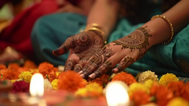 Hands adorned with intricate henna designs, surrounded by vibrant marigold flowers and candles during a festive celebration