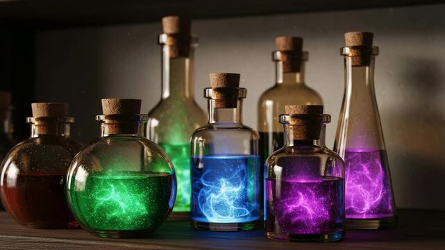 Magical potion bottles glowing with green, blue and purple mystical liquids, fantasy elixirs and enchanted alchemy flasks for Halloween or fantasy setting