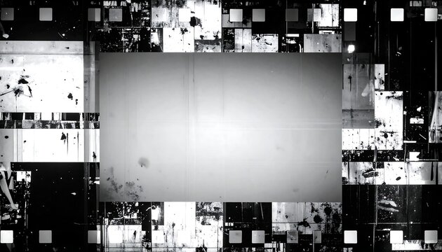 Grungy film strip border frames a blank center, suggesting age and decay