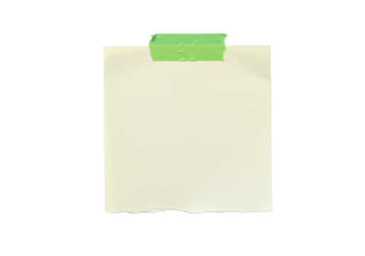 Light beige, irregularly torn paper note with delicate texture, secured by vibrant green ripped tape on a pure transparent background, isolated and floating. Concept of clear communication and new - Powered by Adobe