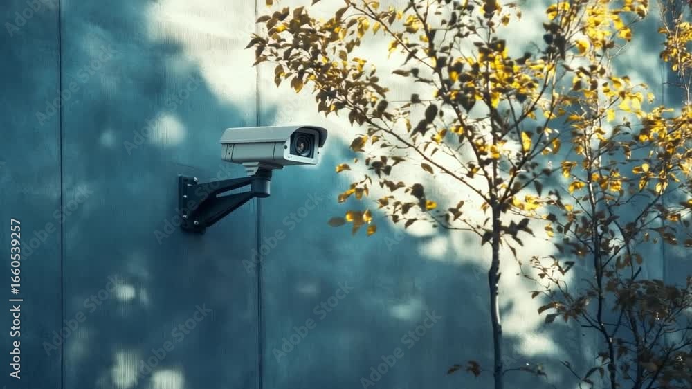 Aufkleber this video shows a security camera attached to a wall with a tree in the background. it emphasizes t