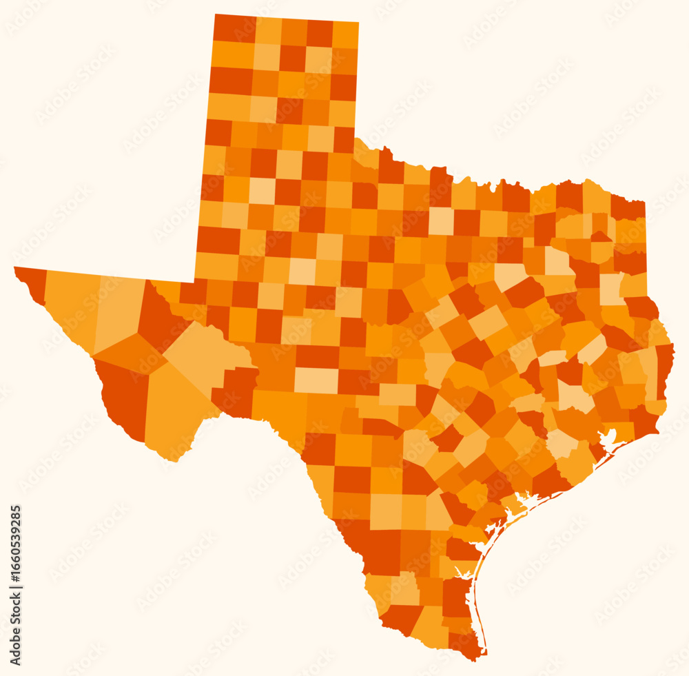 Poster map of texas with counties. just a simple state border map with county division. orange color palett