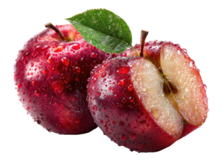 Two vibrant red apples, one whole and one halved, glistening with water droplets.  Fresh, healthy fruit with leaves