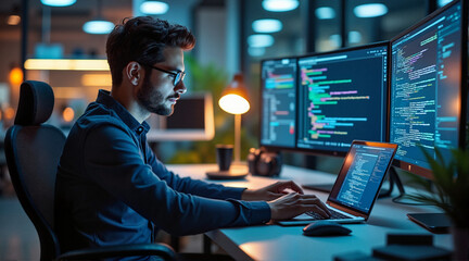 Young programmer working on dual monitors with code