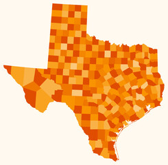 Map of Texas with counties. Just a simple state border map with county division. Orange color palette. Plain State of Texas shape with administrative division. Vector illustration.