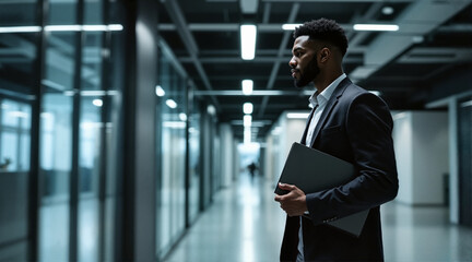 Confident businessman walking through modern corridor