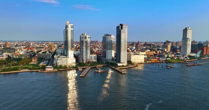 Waterline Square development in New York City. Drone footage over the Hudson River on the Upper West Side of Manhattan.