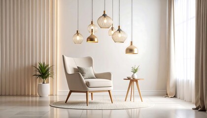 Fototapeta premium Modern beige living room with pendant lights