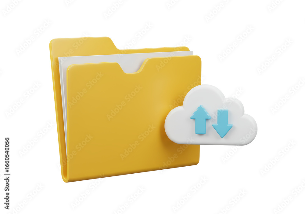 Poster isolated yellow folder and cloud with upload/download arrows for cloud storage