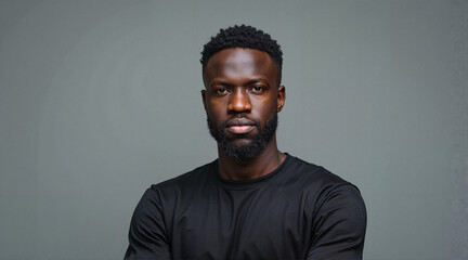 Fototapeta premium Serious man portrait in black t-shirt on gray background