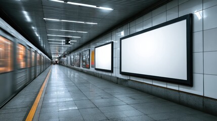 Elegant photo of blank Advertisement Billboard in an Underground Train Station with Blurred Train Motion, Ideal for Mockups and Urban Advertising Campaigns, Copy Space Available.