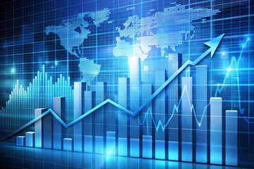 Fototapeta premium Blue growth graph business chart data diagram on success financial presentation background with abstract up arrow bar symbol or finance marketing price statistic and economy market profit investment