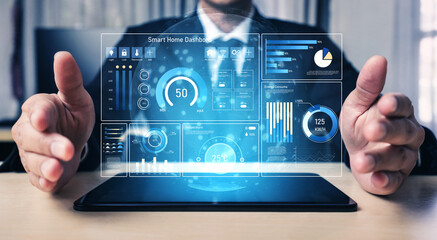 Smart home dashboard manages IoT system. Smart home dashboard controls temperature, dashboard...