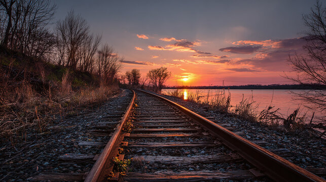 Fototapeta Scenic Sunset Railroad Tracks Leading to the Horizon