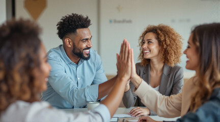 Fototapeta premium Business team celebrating success with high five