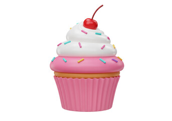 Isolated Pink Cupcake with Whipped Cream, Sprinkles, and Cherry on Top