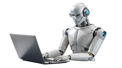Robot using laptop isolated on transparent background, representing artificial intelligence, automation, and the future of technology