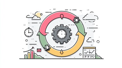 Obraz premium A Detailed Colorful Circular Workflow Diagram Illustrating A Business Process Cycle With Gears, Arrows, And Icons On A White Background
