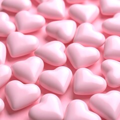 Numerous pale pink, glossy heart shapes are densely arranged on a similar-toned background