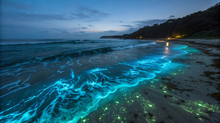 A stunning beach with bioluminescent waves glowing at night