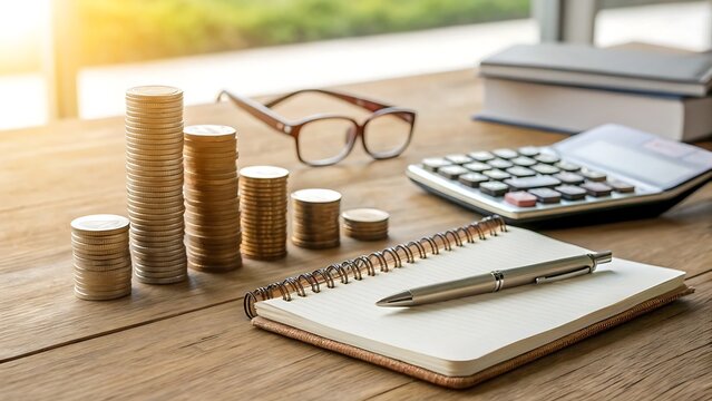 A financial planning scene featuring stacked coins, calculator, notebook, pen, glasses, and books on a wooden table, symbolizing investment, banking, and business growth in a bright office setting
