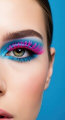 Obraz premium Vibrant eye makeup on female with pink lashes and blue shadow
