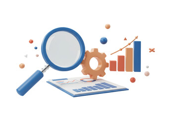 Isolated 3D Render of Business Analytics with Magnifying Glass, Gear, and Bar Chart