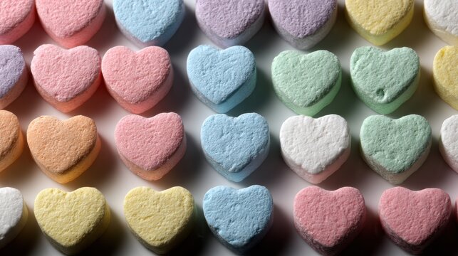 Elegant photo of candy Conversation Hearts for Valentine's Day.
