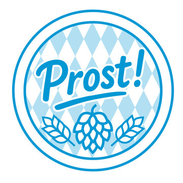 Blue and white Oktoberfest badge with hop cone wheat and text prost on Bavarian diamond background in festive round design