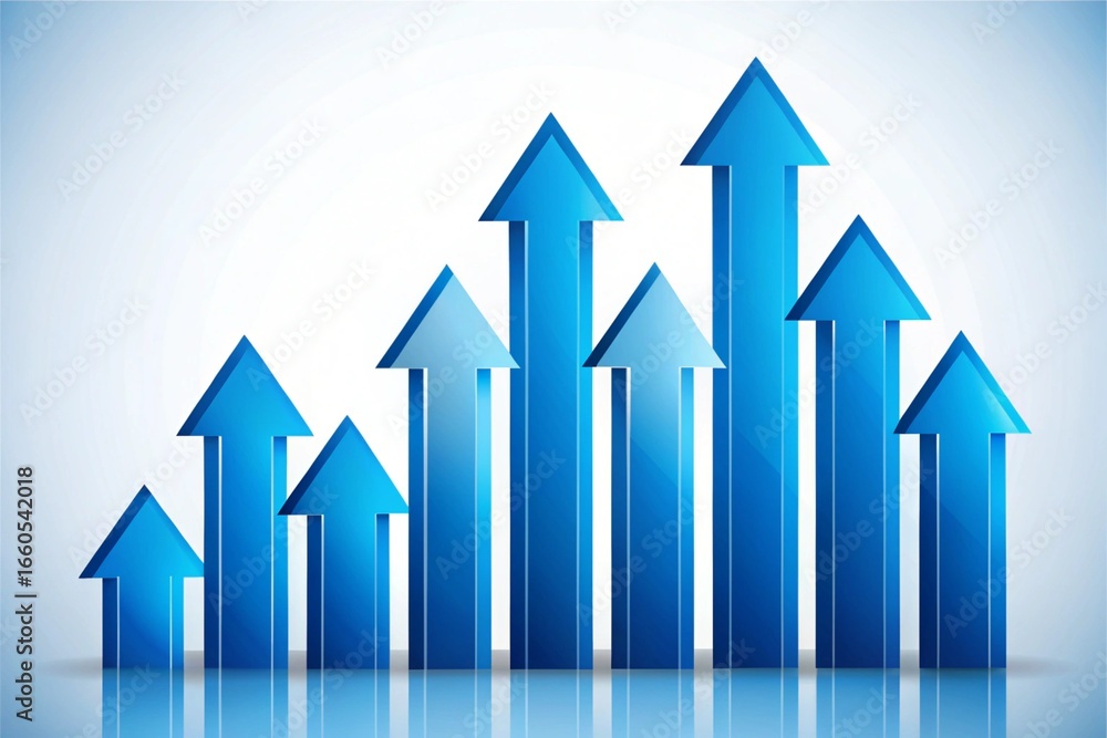 Poster the vector of multiple blue arrows rising in size symbolizing steady and strong growth over time