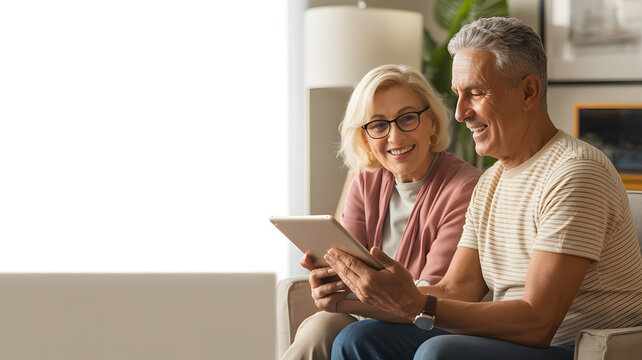A smiling senior couple looking at a tablet device while sitting on a sofa in a brightly lit room - Powered by Adobe