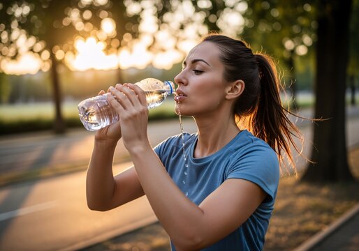 A young woman with her hair in a ponytail, wearing athletic clothing, pauses during an outdoor run to drink water from a clear plastic bottle, illuminated by...