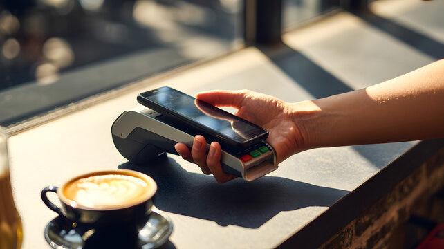 Person using smartphone to pay at pos terminal with coffee cup on table near window in cafe - Powered by Adobe