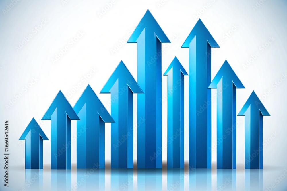 Poster the vector of multiple blue arrows rising in size symbolizing steady and strong growth over time