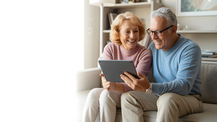 Elderly couple enjoying a tablet together while sitting on a couch in a brightly lit living room