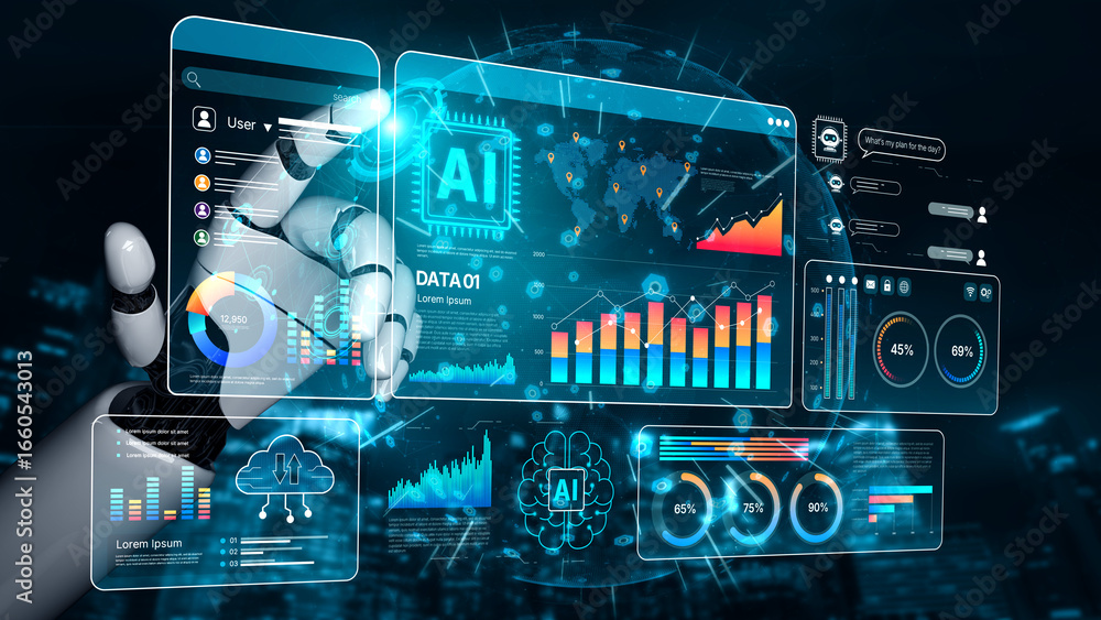 Poster ai brain processes big data with generative ai, llms, and machine learning to support business decis